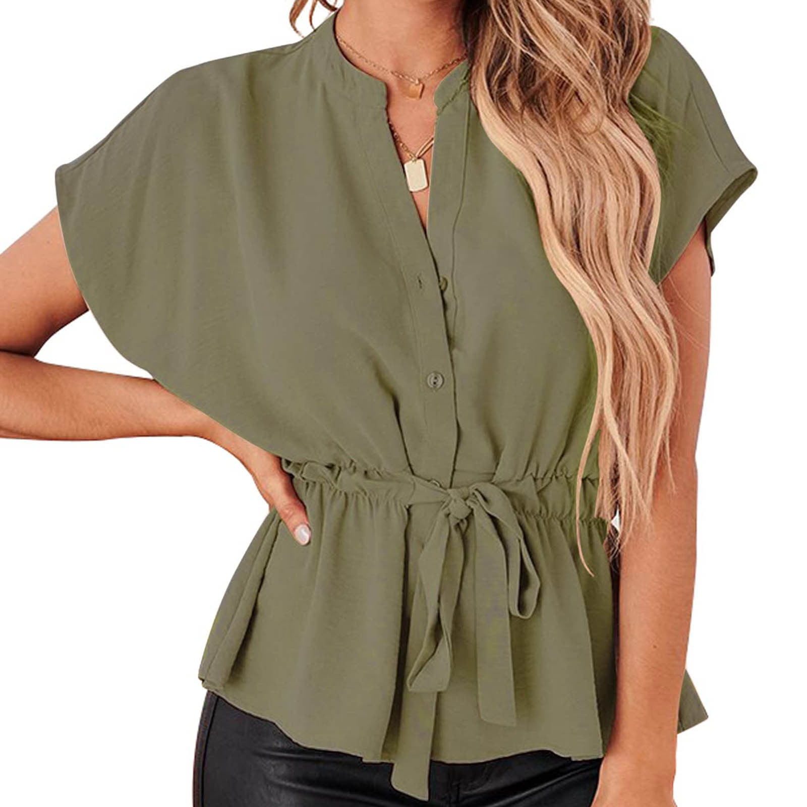 Women's Wrap Peplum Top Blouse Tie Waist Short Sleeve Solid Color Button  Down V Neck Belted Summer Shirts T Shirts
