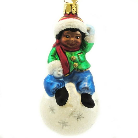 Holiday Ornament BOY ON SNOWBALL Glass Ethnic Christmas Male WEA65020