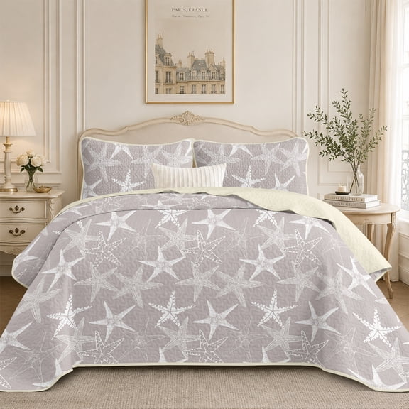 Flymme Full/Queen Coastal Quilt Bedding Set,Lightweight Nautical Bedspread Coverlet with 2 Shams,Grey Starfish Beach Bedding Summer Comforter Set for All Season