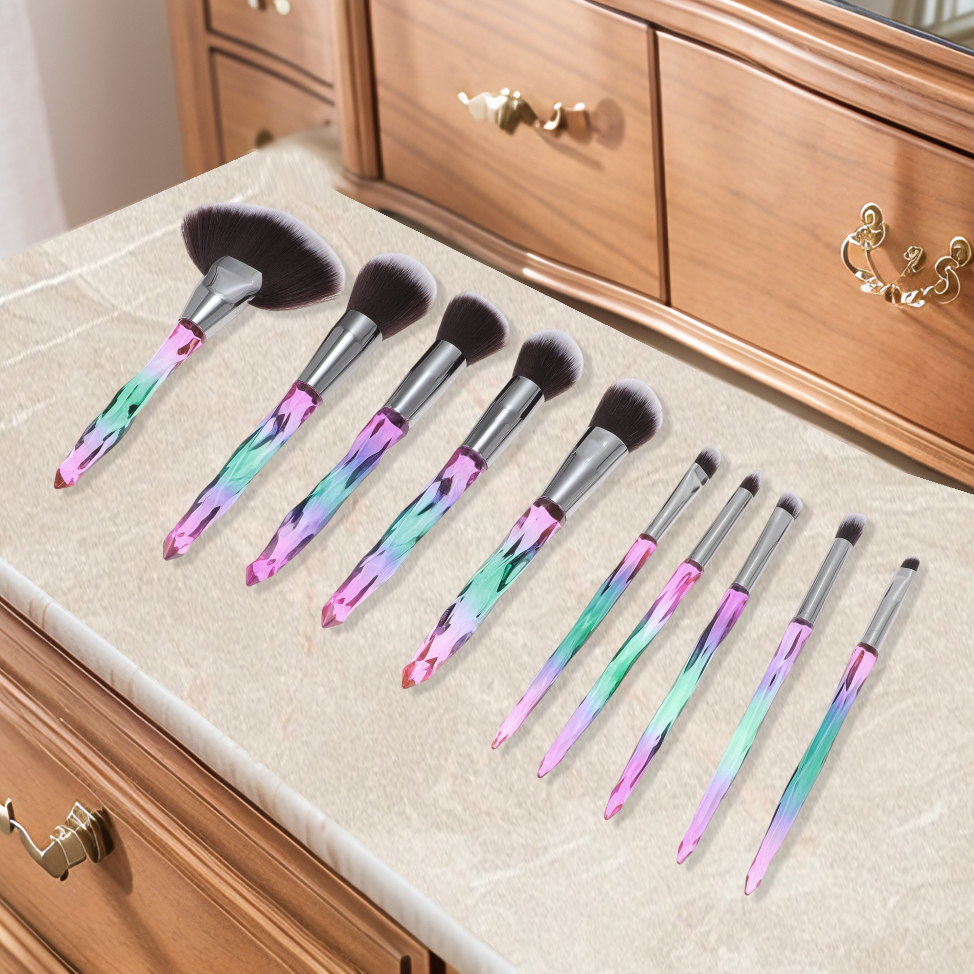 Unique Bargains 10 Pcs Durable Lightweight Makeup Brush Set for Travel Green, Brown