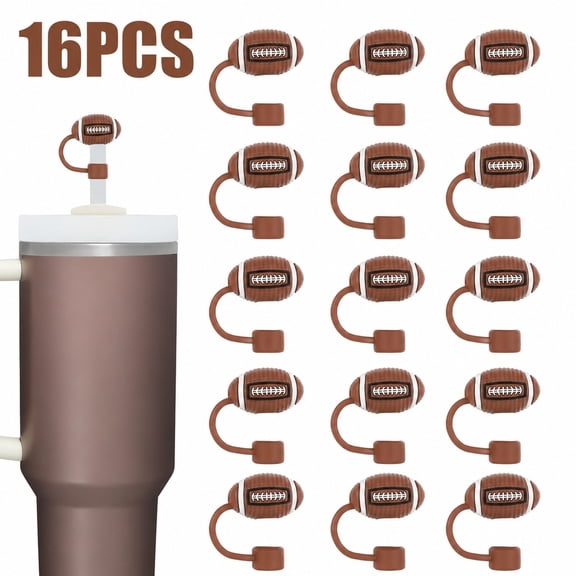 16 PCS Football Straw Covers, Reusable Silicone Straw Toppers for 10mm Straws, 30 & 40oz Cups