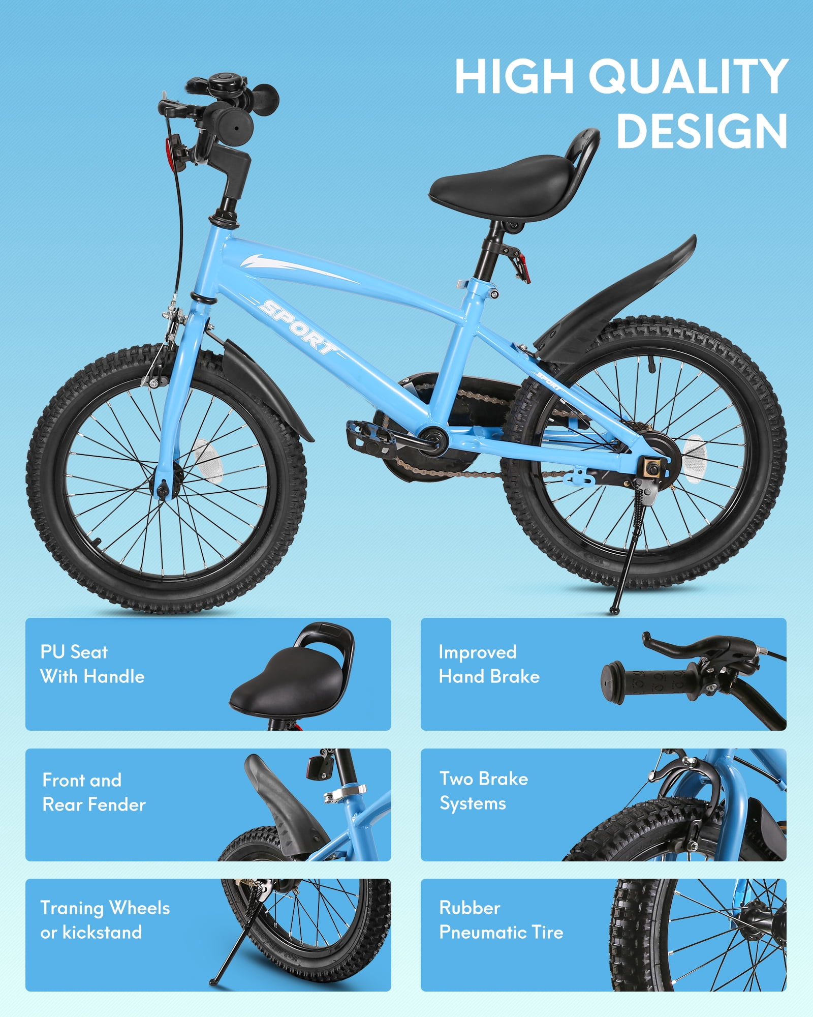 Naipo 16 Inch Kids Bike Girls and Boys Blue Kid Bicycle with Kickstand and Training Wheels