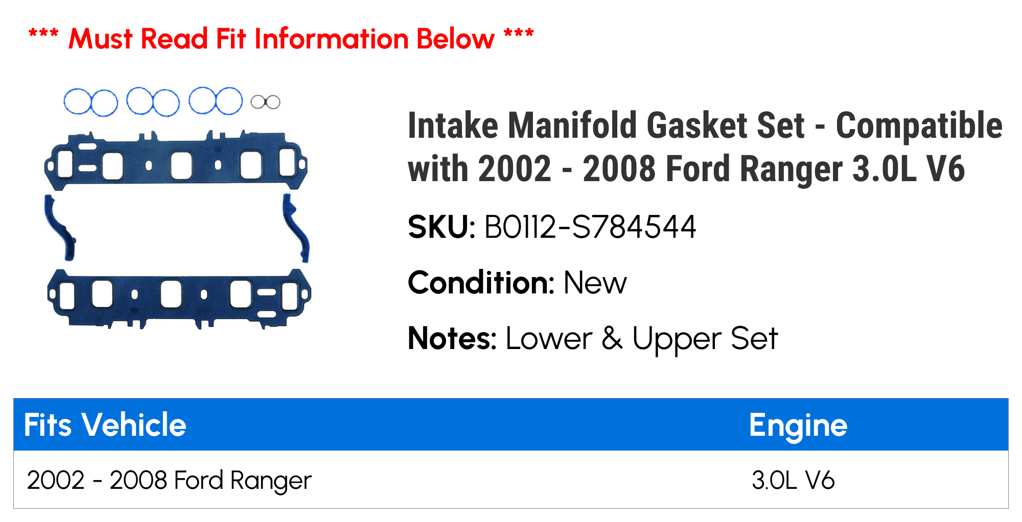 Intake Manifold Gasket Set - Compatible with 2002 - 2008 Ford Ranger 3.0L V6 2003 2004 2005 2006 2007