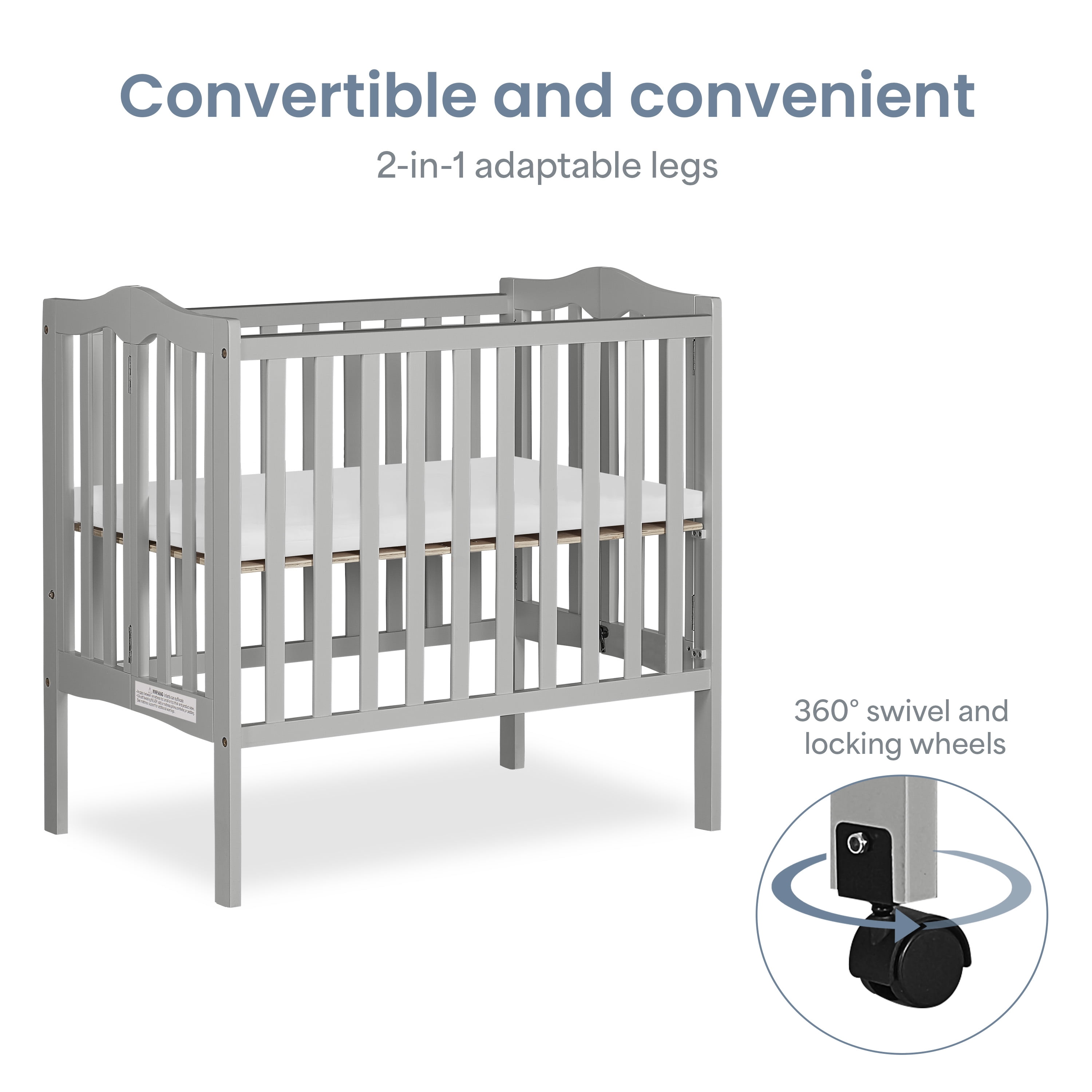 Dream On Me 2-in-1 Lightweight Folding Portable Crib, Pebble Grey