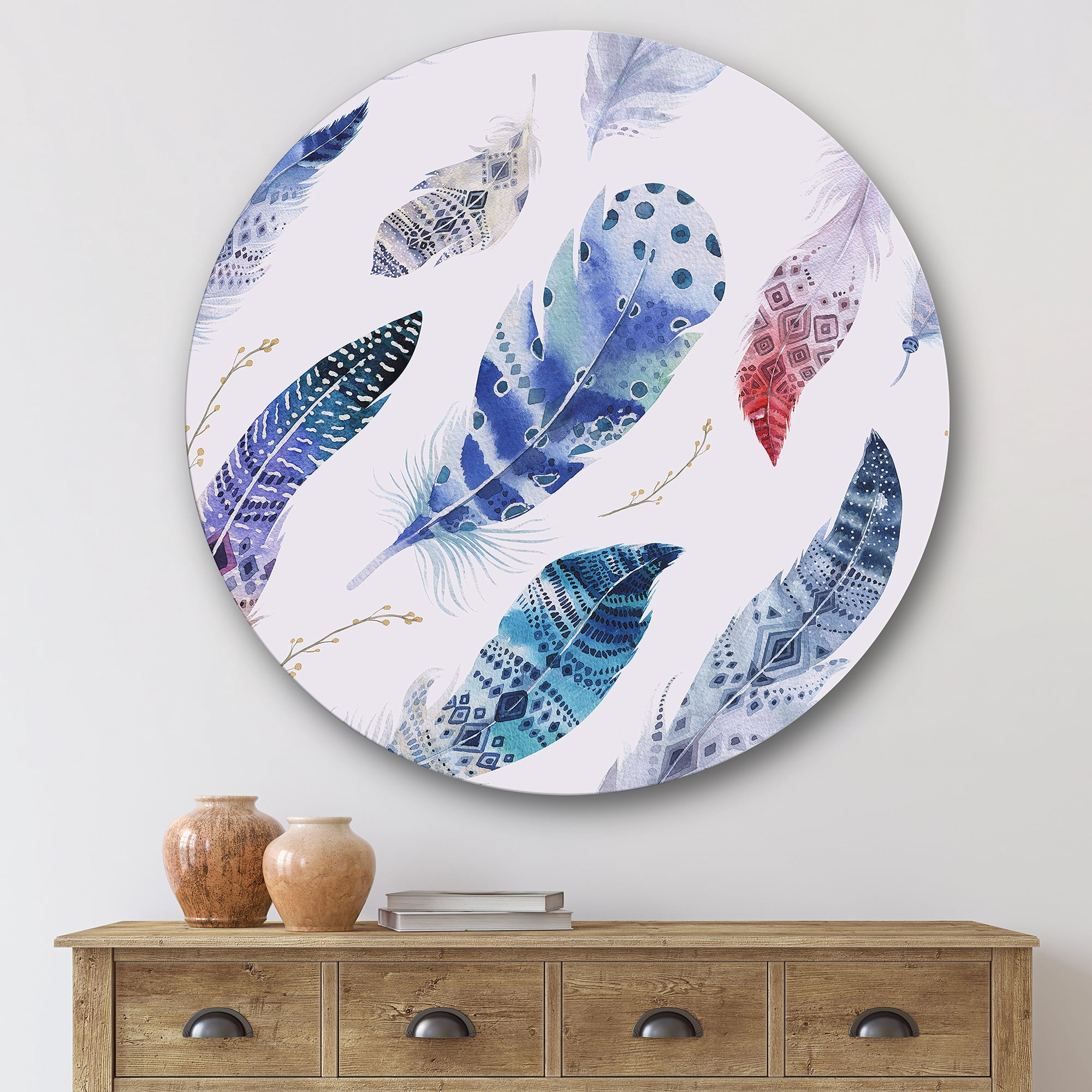 Designart 'Elegant Blue Boho Art Feathers' Bohemian & Eclectic Circle Metal Wall Art 36x36 - Disc of 36
