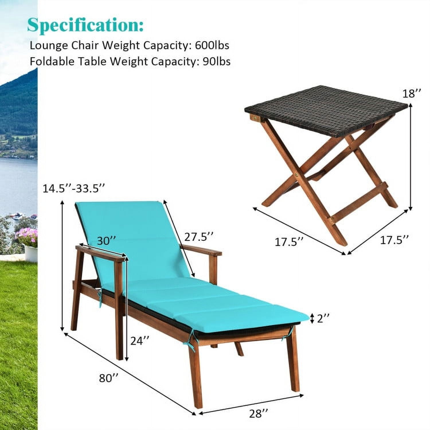 Aimee Lii 3 Pieces Portable Patio Cushioned Rattan Lounge Chair Set with Folding Table, Outdoor Patio Furniture Set, Turquoise Aimee Lii 3 Pieces Portable Patio Cushioned Rattan Lounge Chair Set with Folding Table, Outdoor Patio Furniture Set, Turquoise