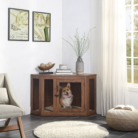 UPC: 0664935338210 | Unipaws Corner Dog Crate  Dog Crate furniture with Cushion  Dog Kennel with Wood and Mesh  Dog House for Limited Room (Medium  Walnut)