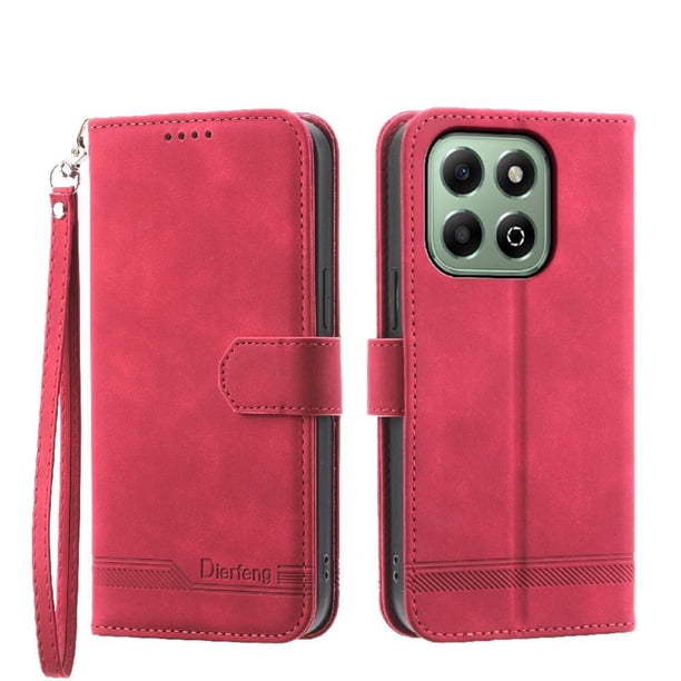 Funda Tipo Billetera para Honor X6B Carcasa Abatible con Porta Tarjetas, Bolsillo para Efectivo, Soporte Ajustable, Cierre Magnético y Correa de Muñeca Rojo