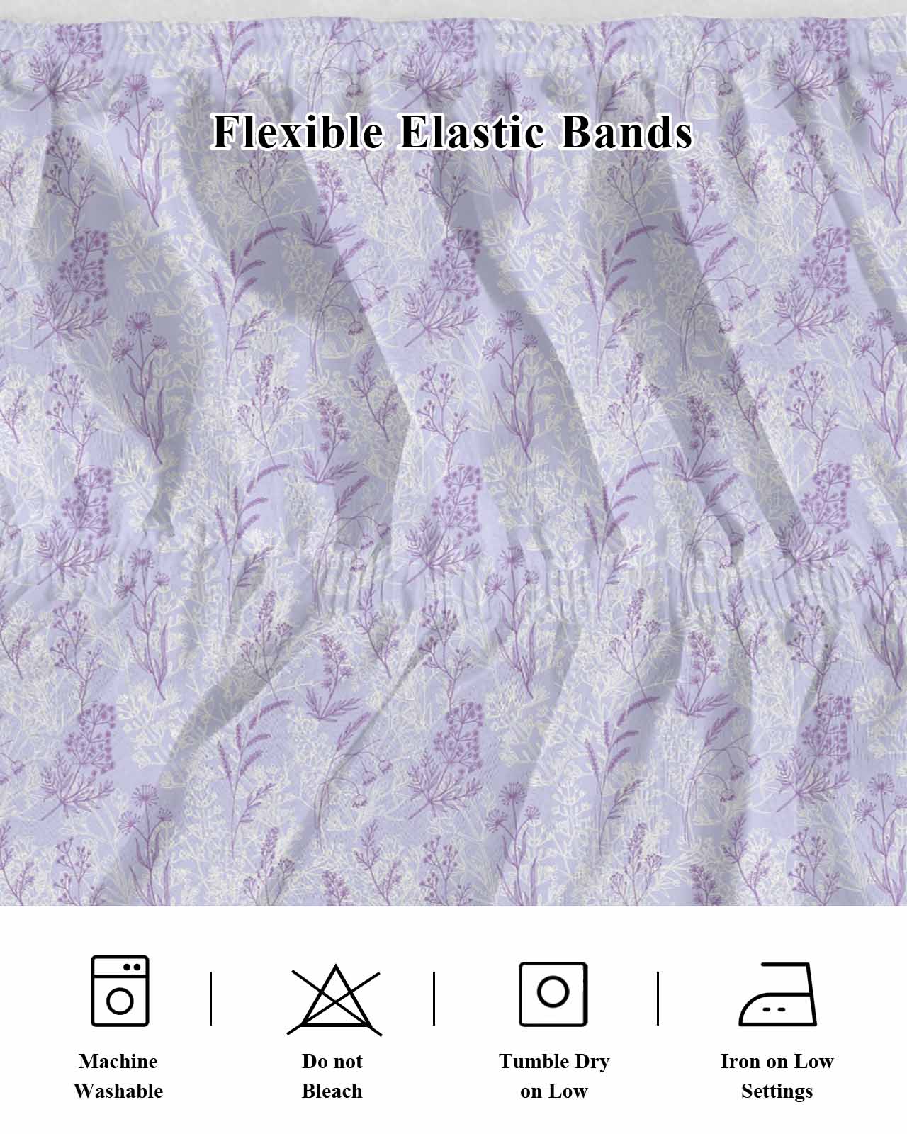 Light Purple Flowers Bed Skirt Queen Size 16 Inch Drop, Spring Lavender Floral Leaf Botanical Adjustable Elastic Dust Ruffles Bedskirt for Queen Bed Wrap Around Pleated Mattress Frame Cover