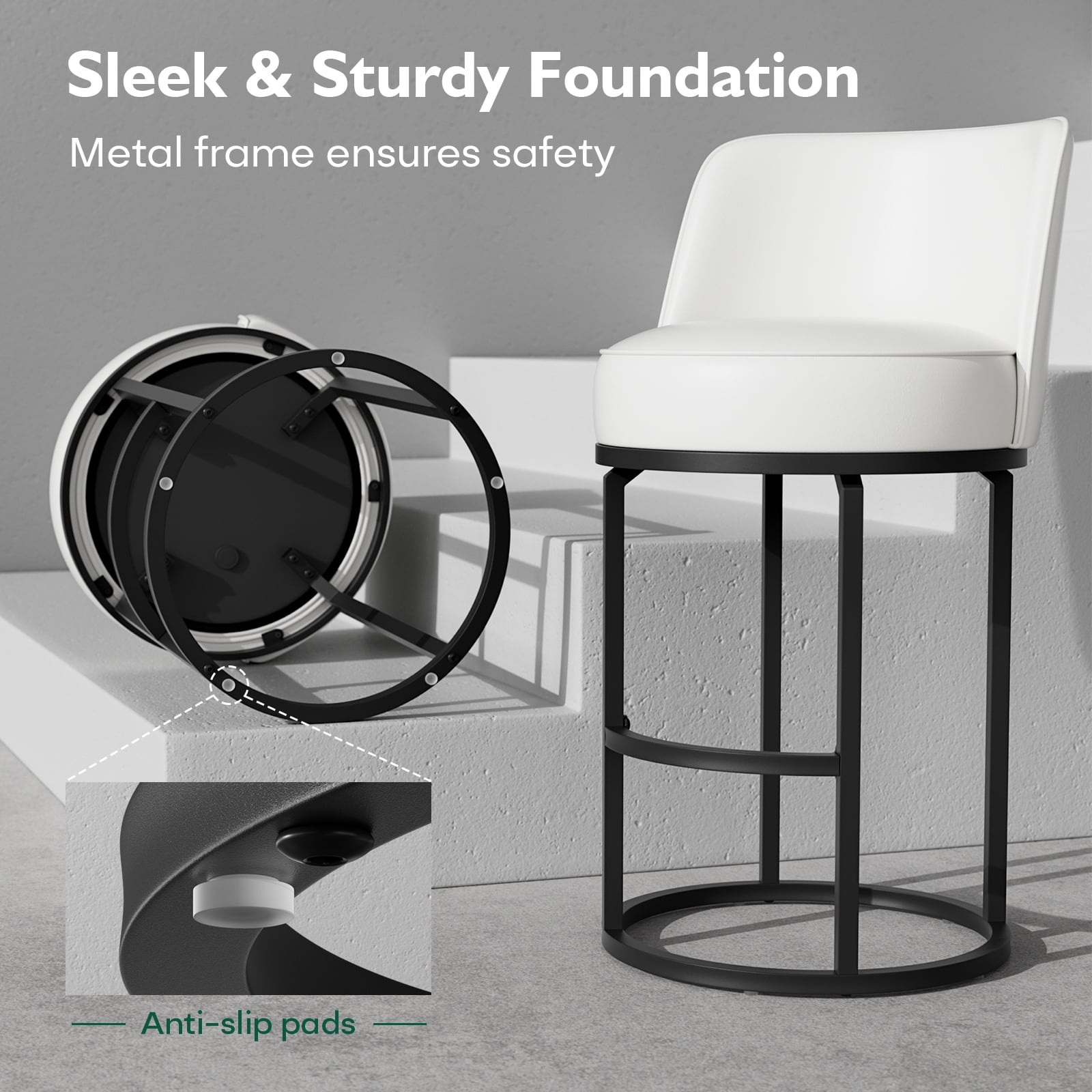 Genpo Bar Stools Set of 6, 26 inch Counter Height Bar Stools, Swivel White Leather Barstools with Backs, Round Base, Footrest, Metal Legs for Kitchen Island