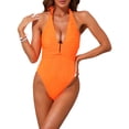 thumbnail image 1 of INSPIRAR CHIC Traje de baño de una pieza con corte halter, ribeteado, con hebilla de metal para mujeres, control de abdomen, color naranja, talla X-Large, 1 of 5