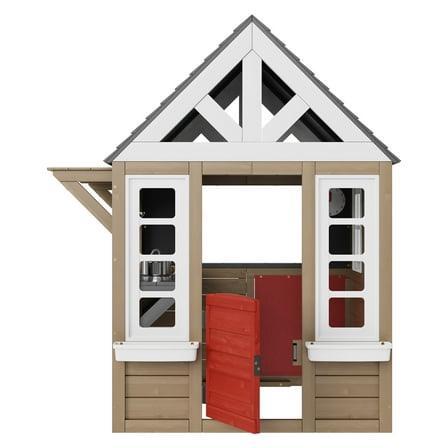 KFFKFF Outdoor Wooden Playhouse, Modern Cedar Playhouse for Kids Aged 2-10, Garden Games Cottage with Country Charm, Includes Functional Door, Windows, Flower Box, Grill, Stove, and Sink