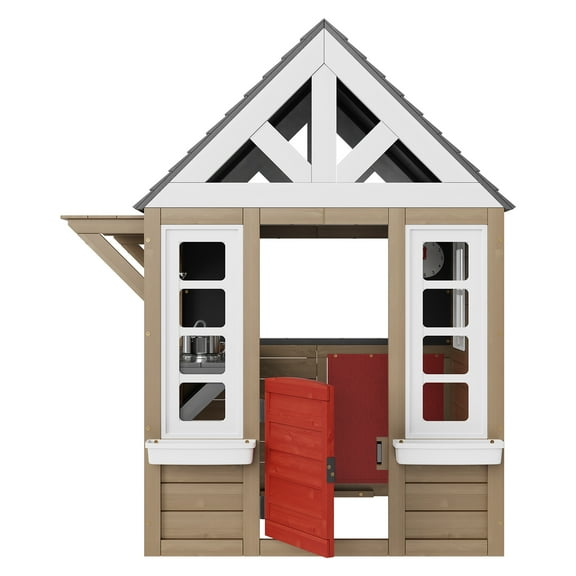 KFFKFF Outdoor Wooden Playhouse, Modern Cedar Playhouse for Kids Aged 2-10, Garden Games Cottage with Country Charm, Includes Functional Door, Windows, Flower Box, Grill, Stove, and Sink