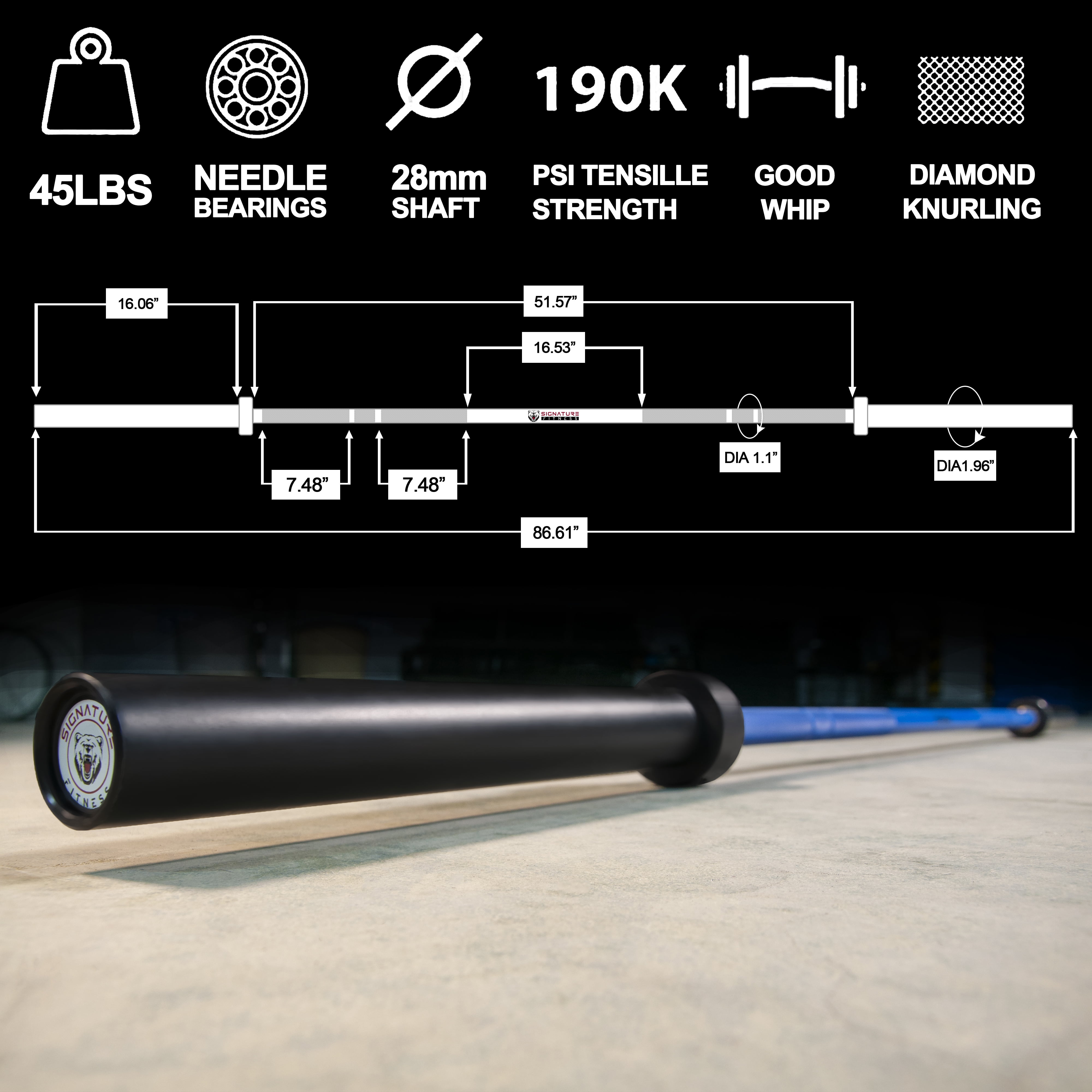 FlexWave 7FT Olympic Barbell，with Ceramic Coating，Rust-Resistant,190,000 PSI Strength, 1500LB Capacity，for Strength Training & Weightlifting