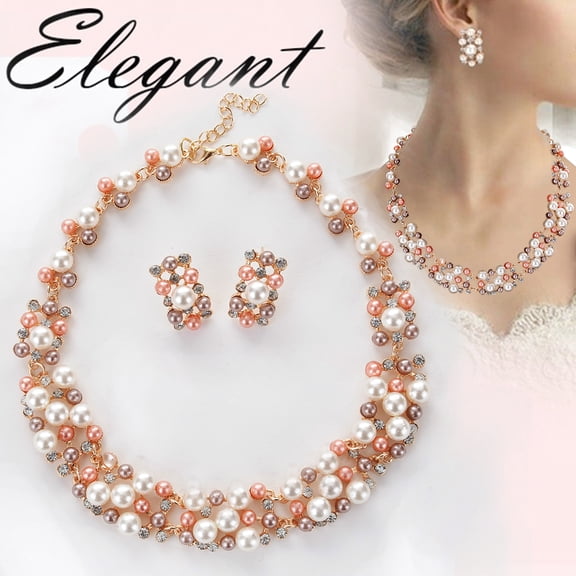 Naierhg 2Pcs Women Faux Pearl Rhinestone Inlaid Necklace Earrings Jewelry Set