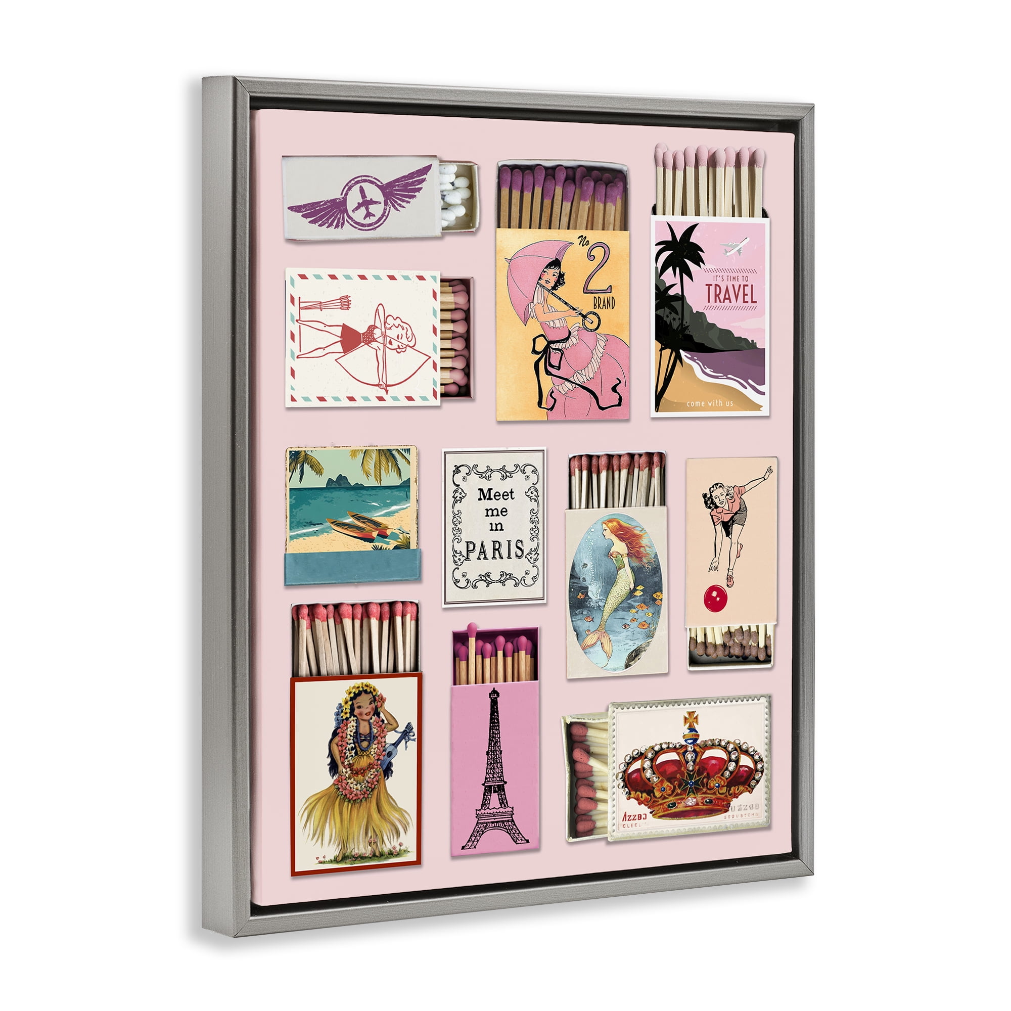 Stupell Industries Vintage Travel Matchbook Montage Gray Framed Floater Canvas Wall Art, design by CAD Designs