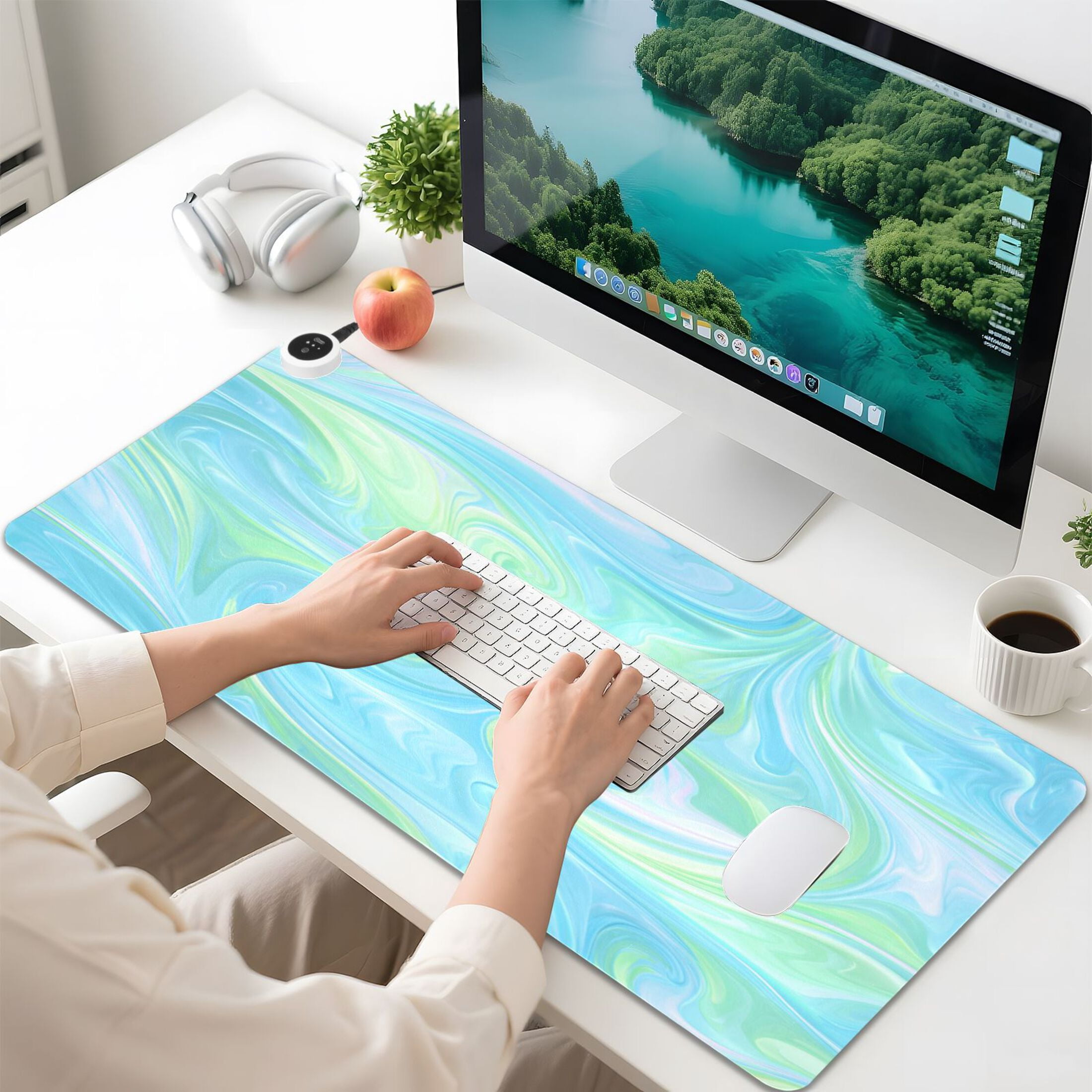 Large Heated Desk Mat Mouse Pad 31.5"x13"PU Leather Graphene Heating Desk Warmer with 3 Temperature Settings 110V US Plug Non-Slip Warm Pad for Home, Office, and Gaming Iridescent Swirl Marble Print