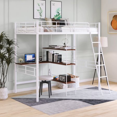 Dcenta Twin Size Metal Loft Bed and Built-in Desk and Shelves White