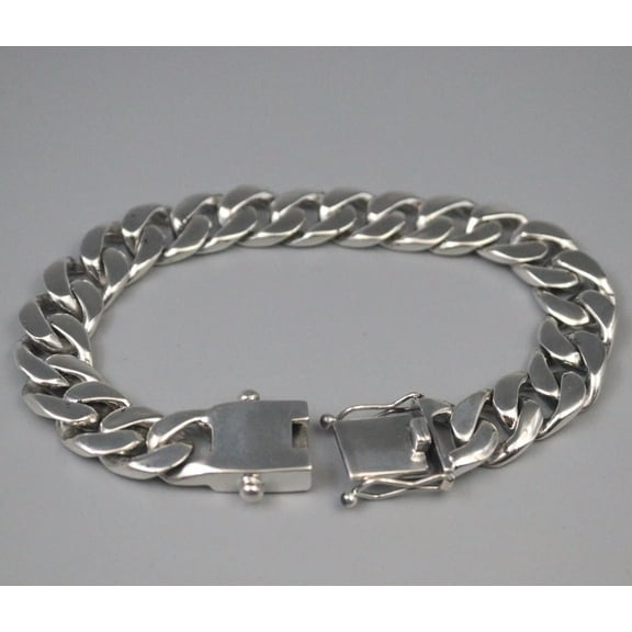 K-KED Real 925 Sterling Silver Chain Men 12mm Smooth Cuban Curb Link Bracelet 66g