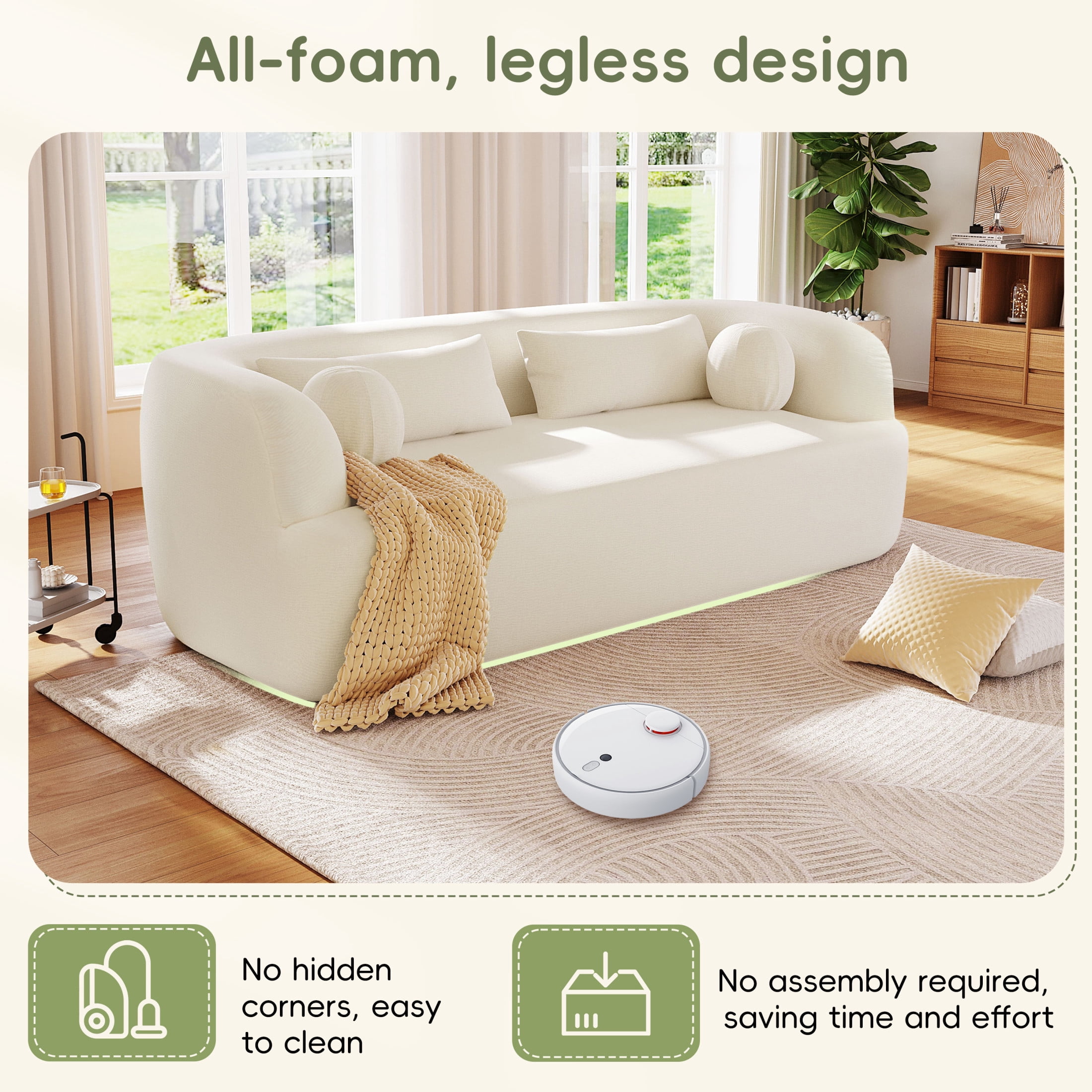 Noble House 86" Modern Chenille Boneless Sofa, 3-Seater Curved Cloud Couch with Pocket Springs for Living Room, Beige