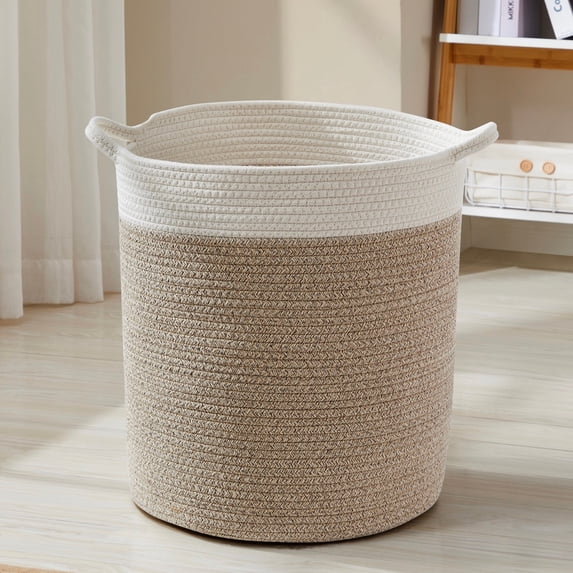 Large Woven Cotton Rope Tall 18" Height Laundry Hamper Basket with Handles, Storage Basket for Toys, Blanket, and Towels - 16 x 18, White/Beige