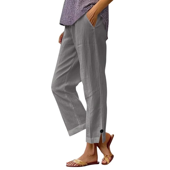 Lumtrix Linen Pants Women Petite Straight Leg Summer Beach Cotton Linen Wide Leg Lounge Pants High Waisted Casual Plus Size Trousers Gray M