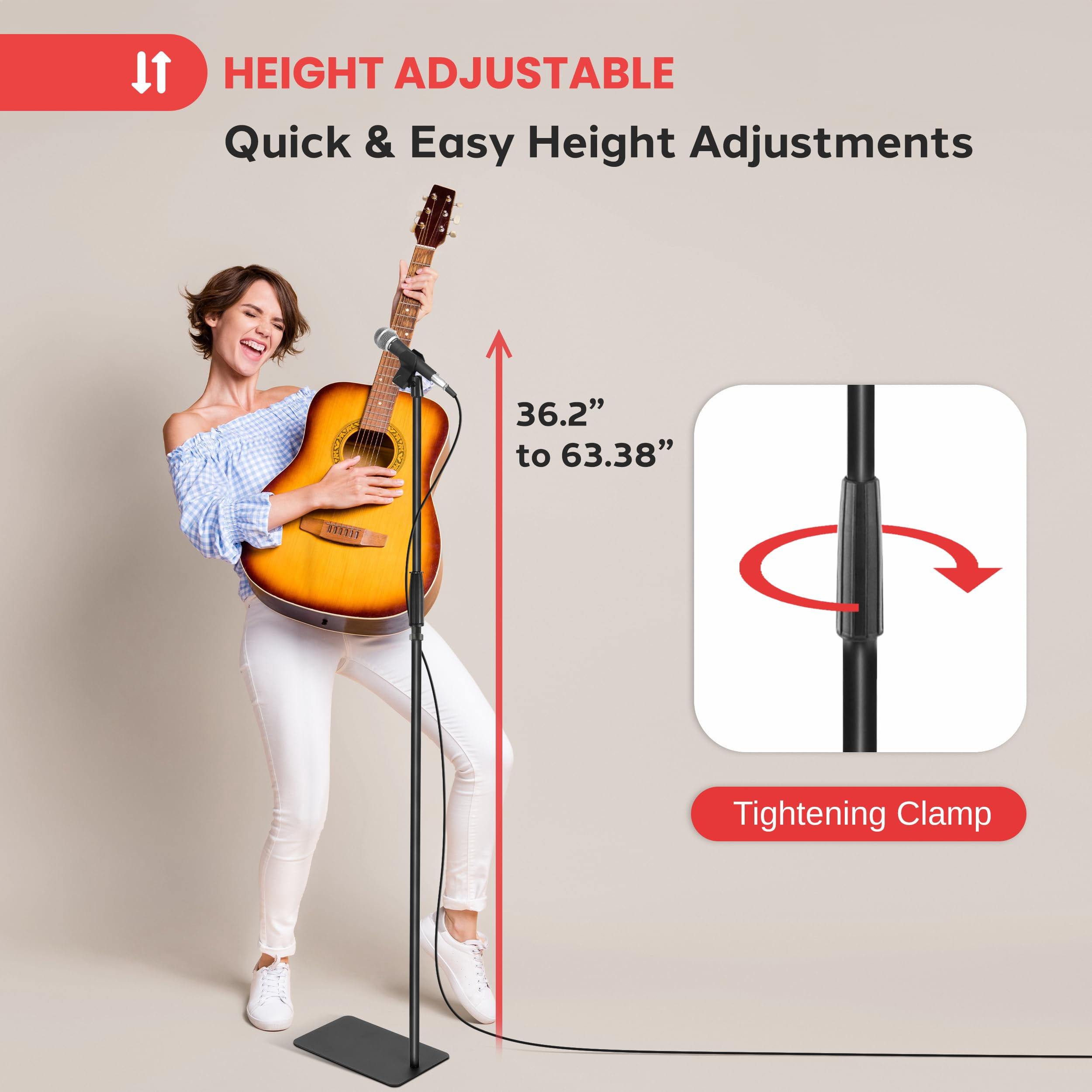 Pyle Square Base Mic Stand with Mic Clip - Heavy Duty, Height Adjustable, 36.2" to 63.38'', Solid Die-Cast Base, Studio & Concert Use, Universal 5/8'' Adapter, Cable Clip Included