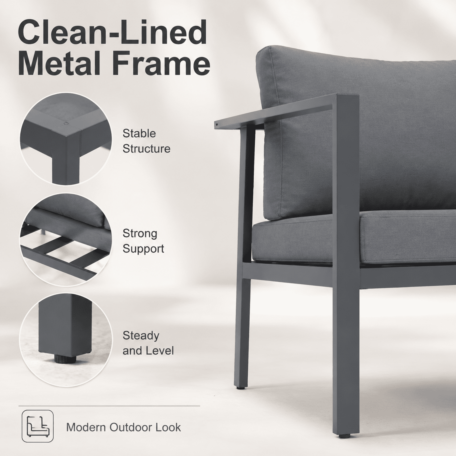 Aluminum Patio Furniture Set with Slim Armrests,4 Seat Modern Outdoor Conversation Set with Cushions and Coffee Table,Metal Patio Sofa Set Gray