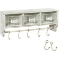 thumbnail image 4 of Wall Mounted Storage Rack - Whitewashed Solid Pine Wood - 24 Inch - Upper Shelf - 5 Hooks - Wire Baskets - For Entryway, Kitchen, Bathroom, 4 of 9