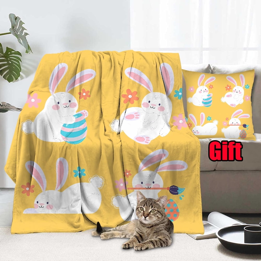 Easter Colorful Bunny Throws Blanket With Pillow Case For Office, Bed