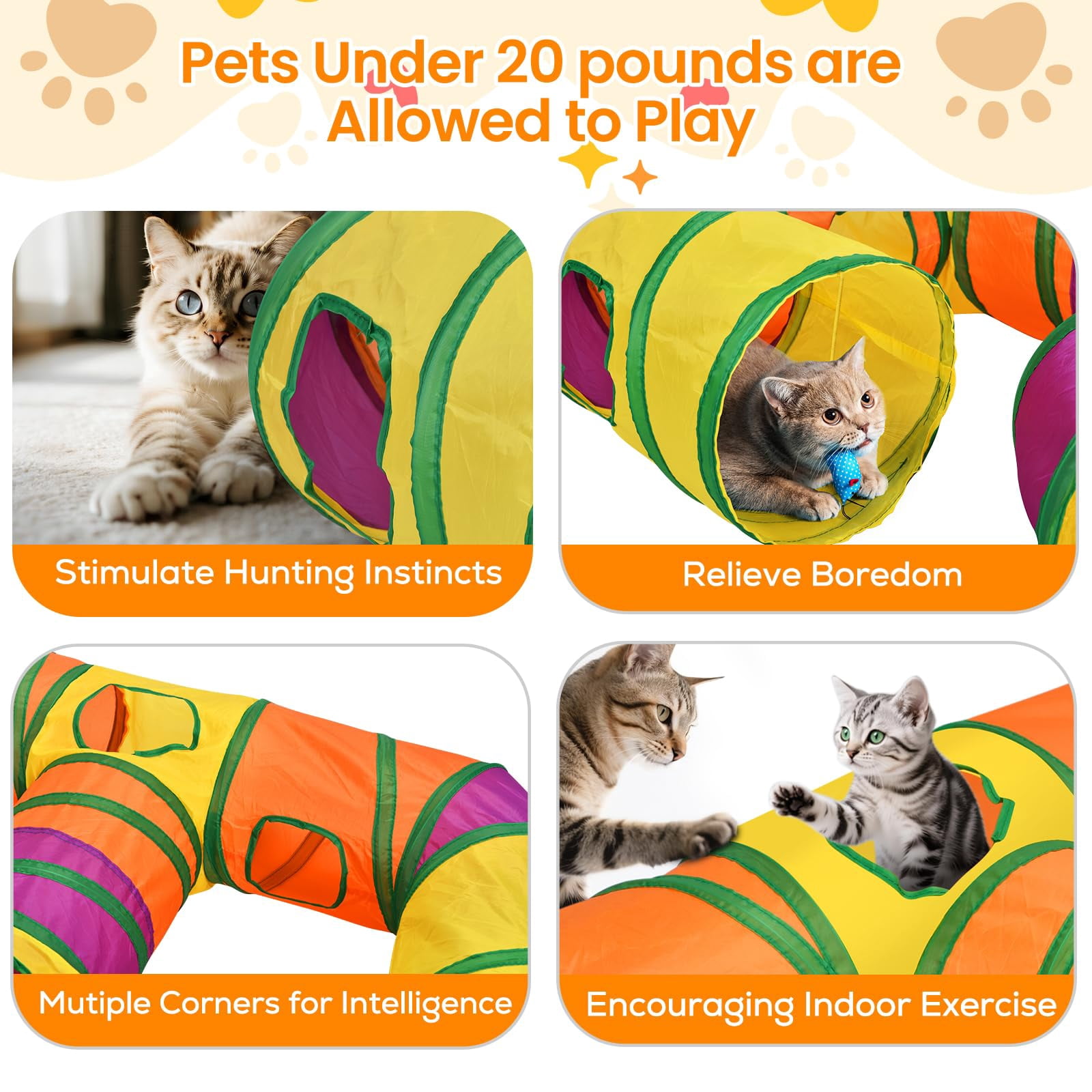 Petizer H-4-Way Collapsible Cat Tunnel, Tear-Resistant Interactive Pet Tube Toy with Dangling Ball for Indoor Cats, Kittens & Small Pets