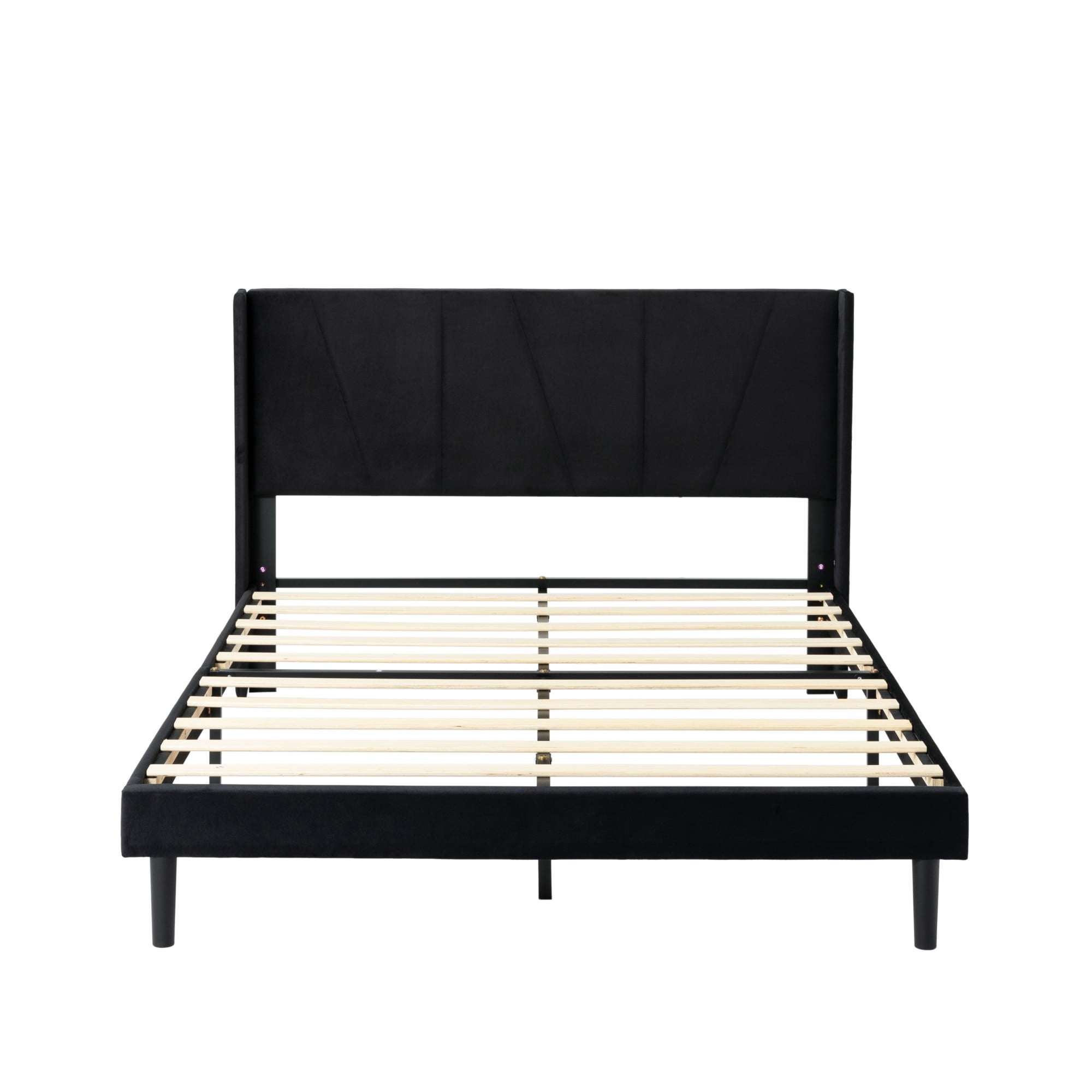 Gewnee Queen Size Bed Frame,Velvet Upholstery Platform Bed with Headboard,No Box Spring Needed,Black