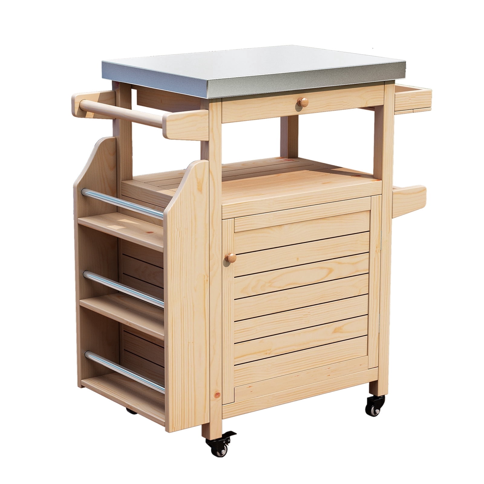 Girarvs Outdoor Grill Cart with 304 Stainless Steel Top, Kitchen Serving and Storage Cart with Cabinet, Shelves and Lockable Wheels, Natural Wood