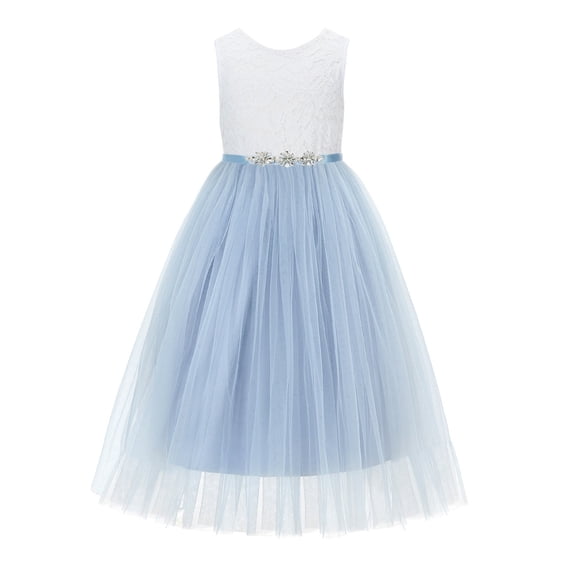 Ekidsbridal Girl Pageant Flower Girl Dress - Floral Lace V-Back Tulle with Rhinestone Ribbon 207R4-A (Size: M-10)