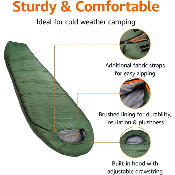 20 ° F Cold Weather Mummy Sleeping Bag, 82 Inches x 33 Inches, Olive Green