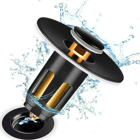 

Push and Seal Pop Up Drain Stopper with Overflow for Bathroom Sink Faucet Vessel Vanity Chrome Black Brass