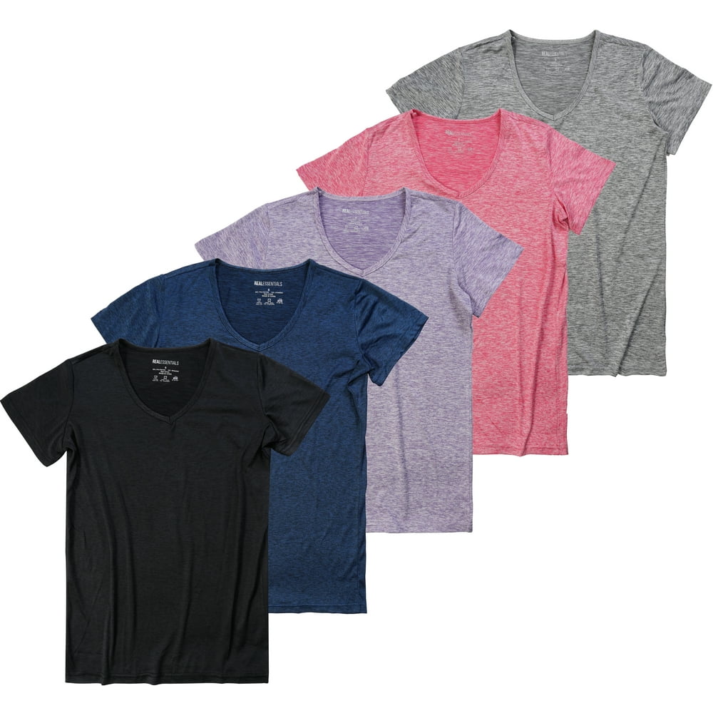 Real Essentials - 5-Pack Women's Short Sleeve V-Neck Activewear T-Shirt ...