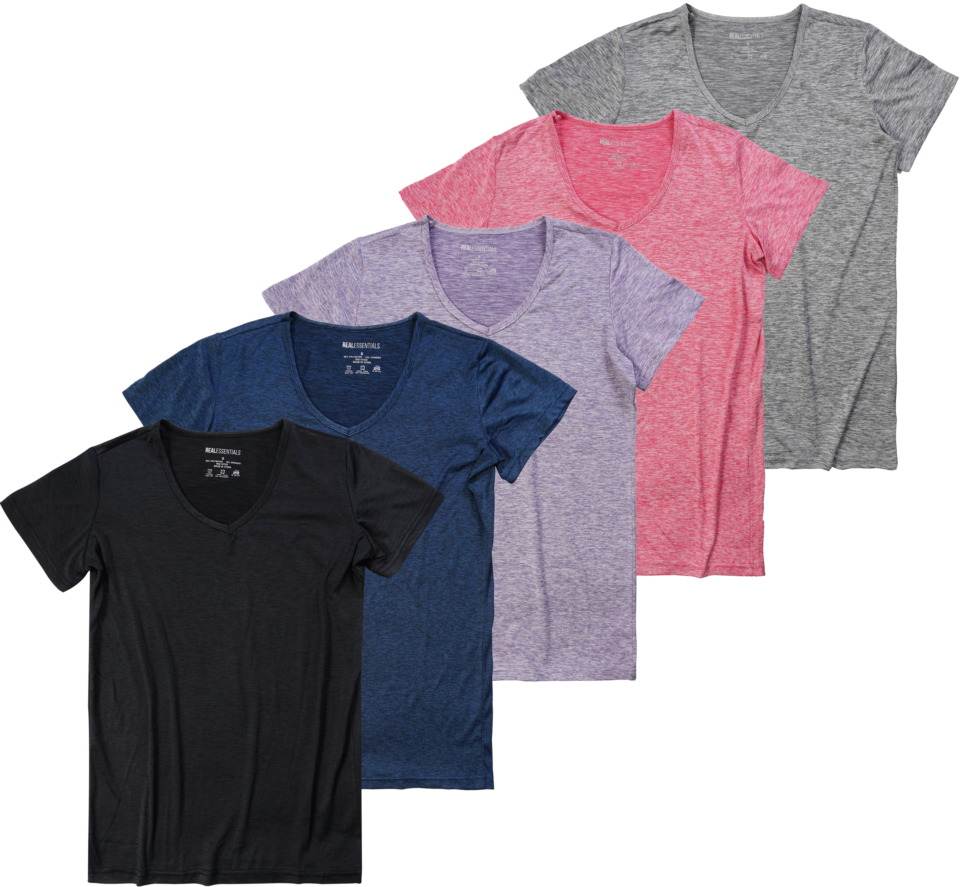 Real Essentials - 5-Pack Women's Short Sleeve V-Neck Activewear T-Shirt 