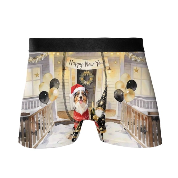 Happy New Year 2026 Australian Shepherd Santa Gnome Holiday Party Snow All Over Print Boxer Briefs Underwear for Men Dad Aussie Dog Lover Gifts - 13019