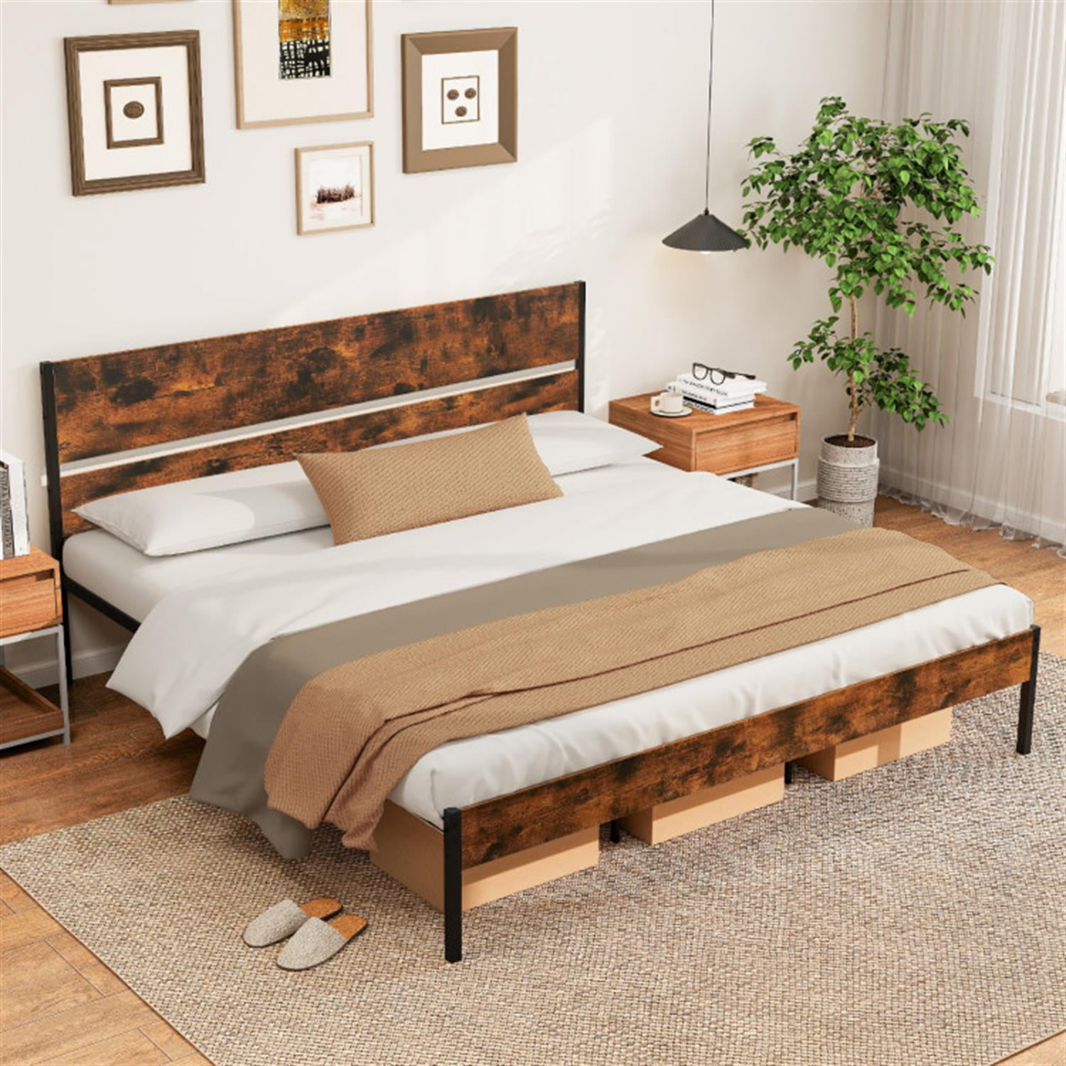 Demi Bonn King Size Bed Frame with Wooden Headboard and Footboard, Modern Metal Platform Bed Frame with Under Bed Storage, No Box Spring Needed, Brown