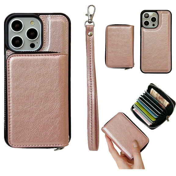 Allytechgroup for iPhone 14 Plus Wallet Case Card Holder, PU Leather Phone Case Women Men Protective Cover Wrist Strap Zipper Credit Card Slots For iPhone 14 Plus, Rosegold
