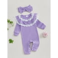 thumbnail image 3 of aturustex Infant Baby Girl Onepiece Jumpsuits Outfits Newborn Long Sleeve Full Length Ribbed Romper Ruffle Lace Trim Bodysuits Bow Headband Toddler Lie Casual 2 Piece Spring Fall Clothes Set, 3 of 7