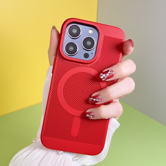 Heat Dissipation Steel Mesh Magnetic Attraction Case Cover for iPhone 14 Pro Max, Luxury Ultra Slim Cooling Breathable Mesh Wireless Charging Phone Case for iPhone 14 Pro Max, Red