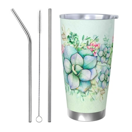 

Vsdgher Succulent 20 Oz Stainless Steel Vacuum Insulated Travel Mug Coffee Cup for Home Office Outdoor Works Great for Ice Drinks and Hot Beverage -Straw Three-piece Set