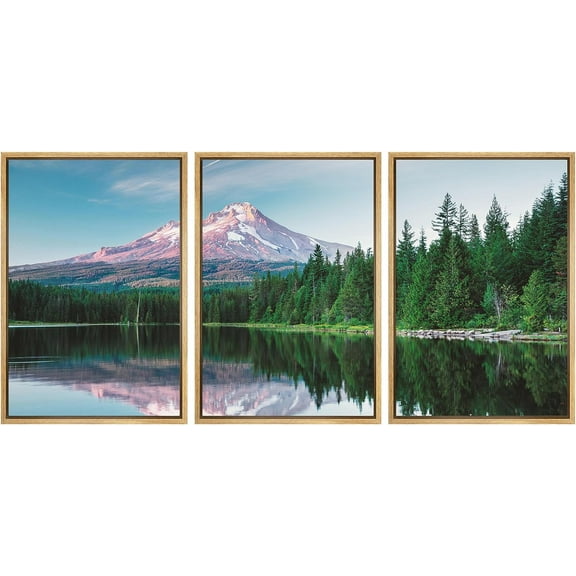 PixonSign Framed Canvas Print Wall Art Set Emerald Green Pine Tree Forest Mountain Range Reflection Country Landscape Nature Wilderness Modern Decorative Calm/Relax - 16"x24"x3 Natural