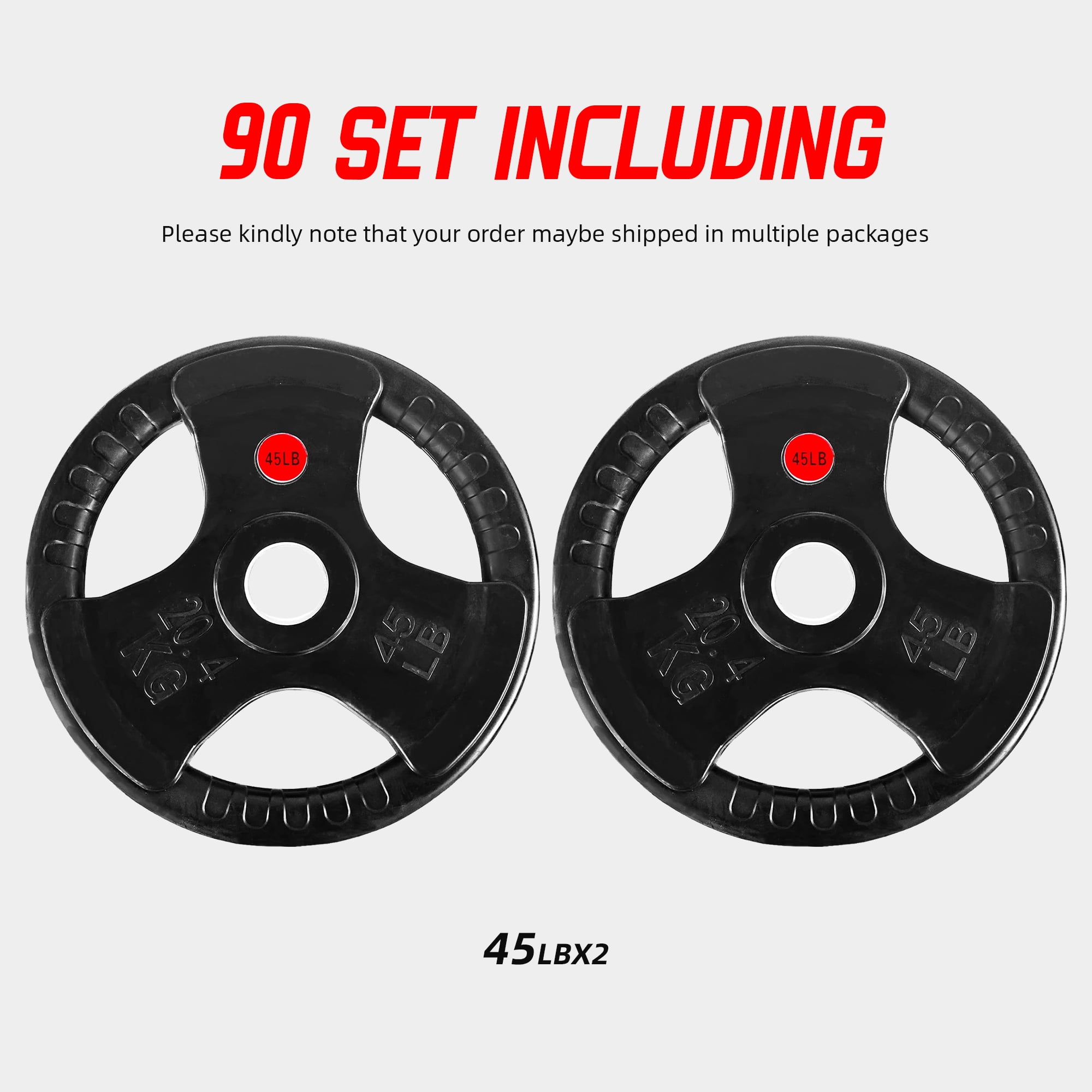 Signature Fitness 3-Grip Olympic Rubber Weight Plates, 2.5LB–45LB, Black with Red Label, Pair or 4-Pack