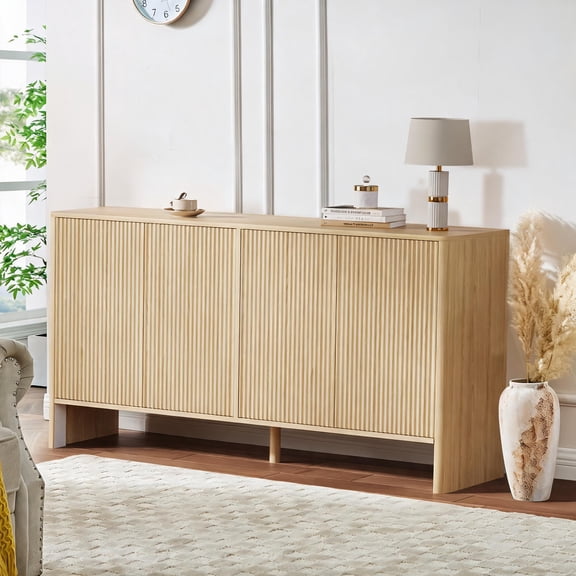 58 Inch Fluted Sideboard Buffet Cabinet, Natural Oak Wood Coffee Bar Console Table with 4 Push-to-Open Fluted Doors & Adjustable Shelves, Storage Cabinet for Kitchen Entryway Living Room