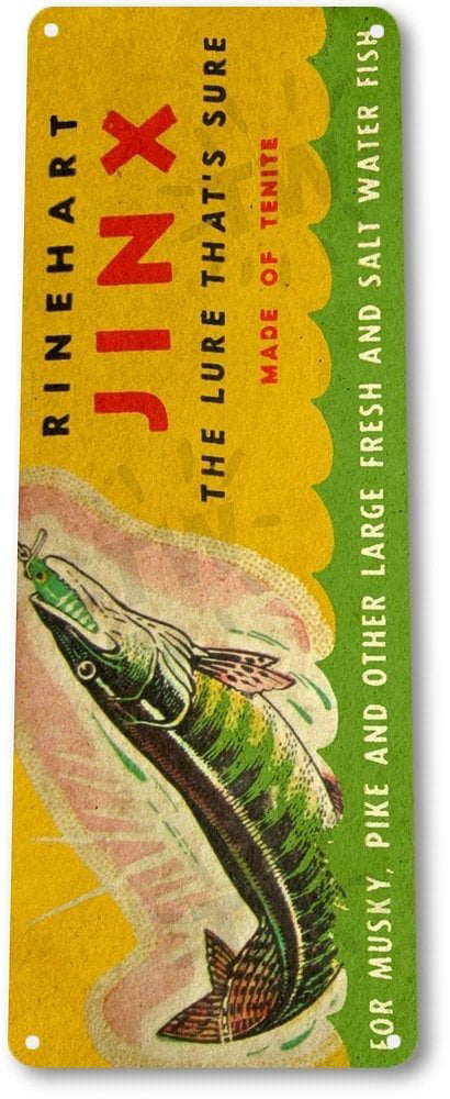 BASS LURE TIN SIGN RINEHART JINX WALLEYE CRAPPIE FISHING REEL BAR PUB BOAT FISH 