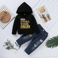 thumbnail image 3 of Kucnuzki 2T Toddler Boy Fall-Winter Outfits Pants Sets 3T Toddler Boy Long Sleeve Letter Prints Hooded Tops Elastic Denim Pants 2PCS Set Black, 3 of 8