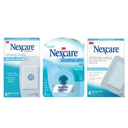 Nexcare Strong Hold Pain-Free Removal Bandage + Tape Bundle (10 Assorted Bandages/1 Roll of Tape)